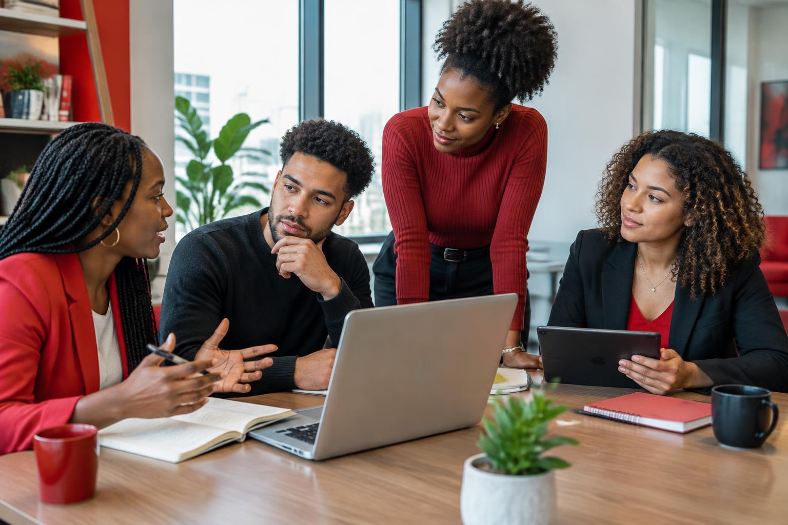 Marketing professionals discussing a content strategy in a bright office